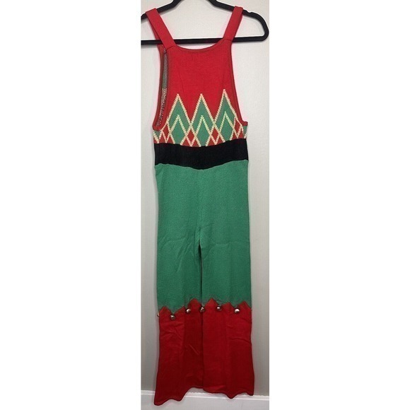 It’s Our Time Holiday Sleeveless Jumpsuit Size Small Red green White Bells Bow - Picture 10 of 16